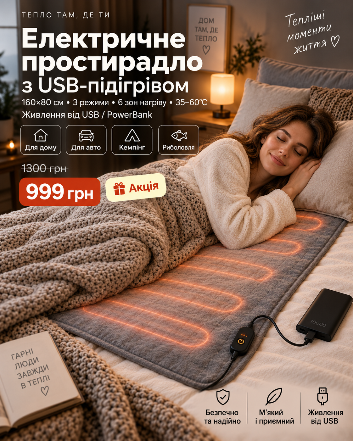 Електроплед з підігрівом 160×80 см